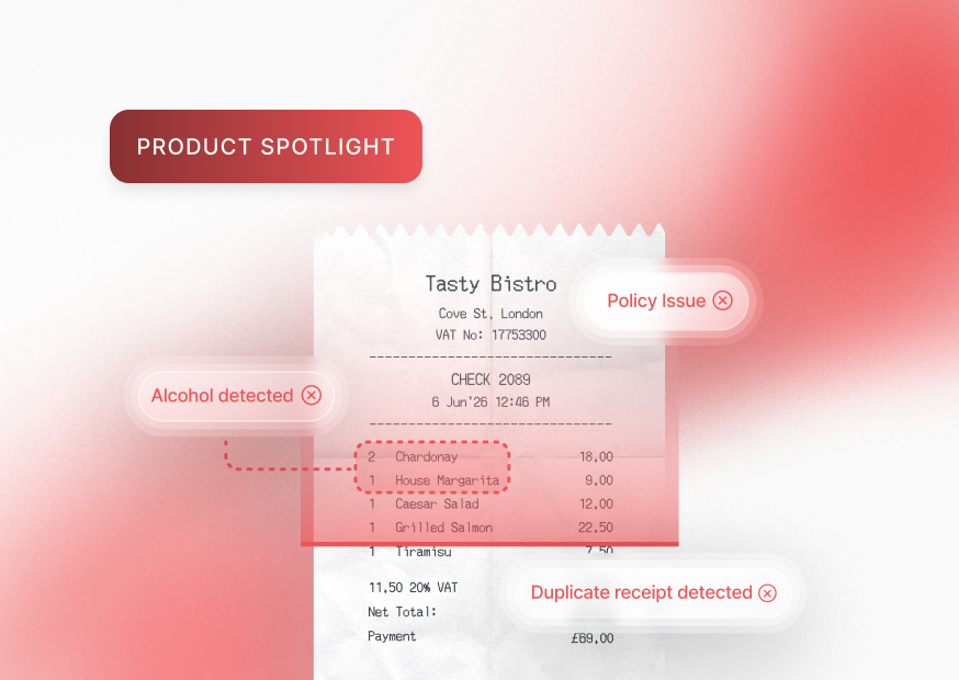 A receipt from Tasty Bistro with highlighted issues: alcohol detected, policy issue, and duplicate receipt detected. Red gradient background.