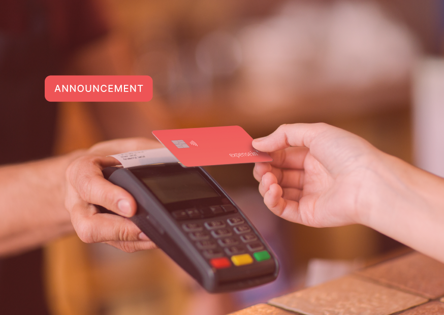 Contactless payment being made with a red card over a card reader at a counter, with the word "Announcement" displayed in a red box.