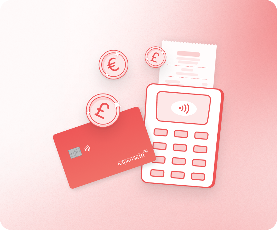 Red contactless card, receipt, and payment terminal with currency symbols on a gradient background.