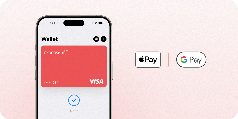 Phone Wallet screen with red expensein Visa card and Done check; Apple Pay and Google Pay logos on pale pink background