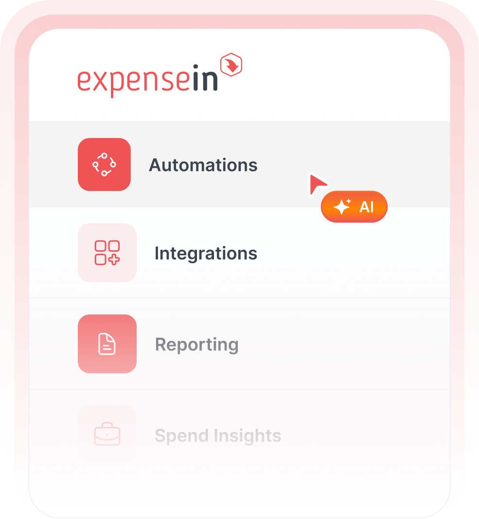 A software menu showing options: Automations with an AI badge, Integrations, Reporting, and Spend Insights, under the "expensein" logo.