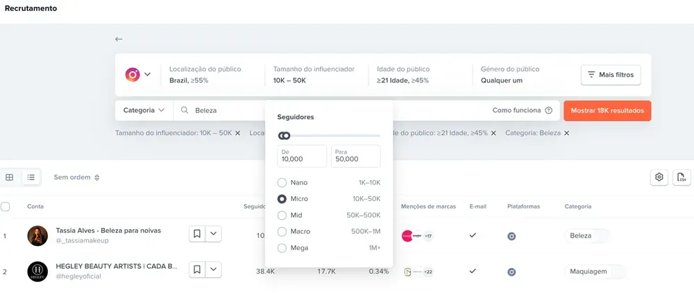 Busca de influenciadores digitais usando filtros de Discovery