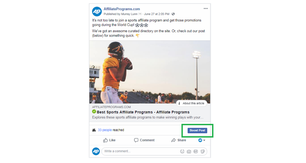 A look of a Facebook post that can be boosted by the brand to increase impression.