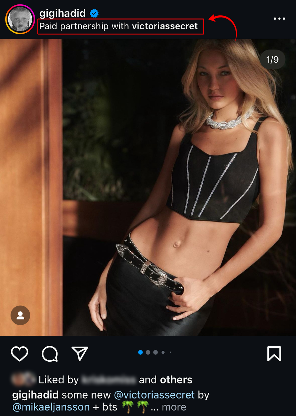 An example of a paid partnership between VS and Gigi Hadid.