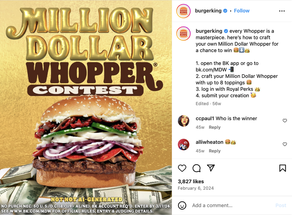 An Instagram post of Burger King’s Million Dollar Whopper campaign which used an AI-performed website to run a contest.