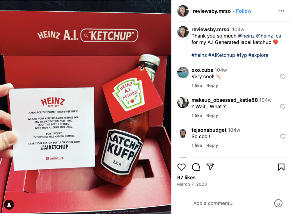 An influencer’s Instagram post about the viral Heinz’s AI ketchup campaign.