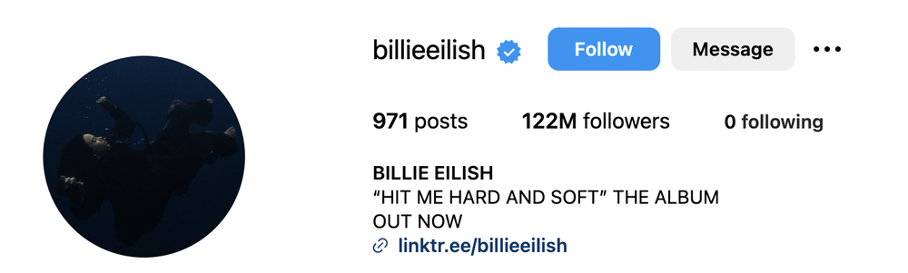 A screenshot showing Billie Eilish's following and followers on Instagram