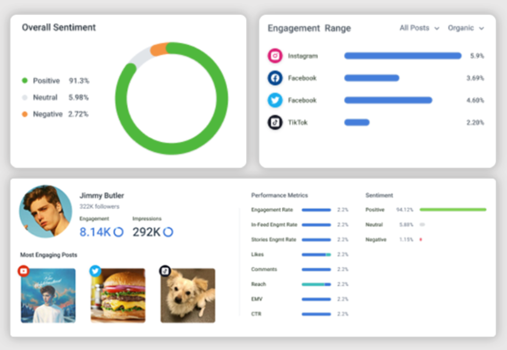 Captiv8 influencer report that shows engagement range, performance metrics, and overall sentiment of a content creator.