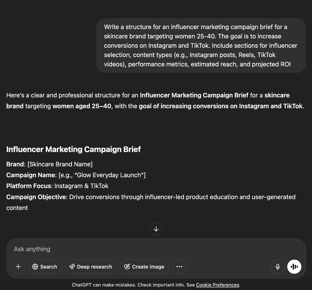 An example of how marketers can use ChatGPT to help create structure for an influencer marketing campaign brief.