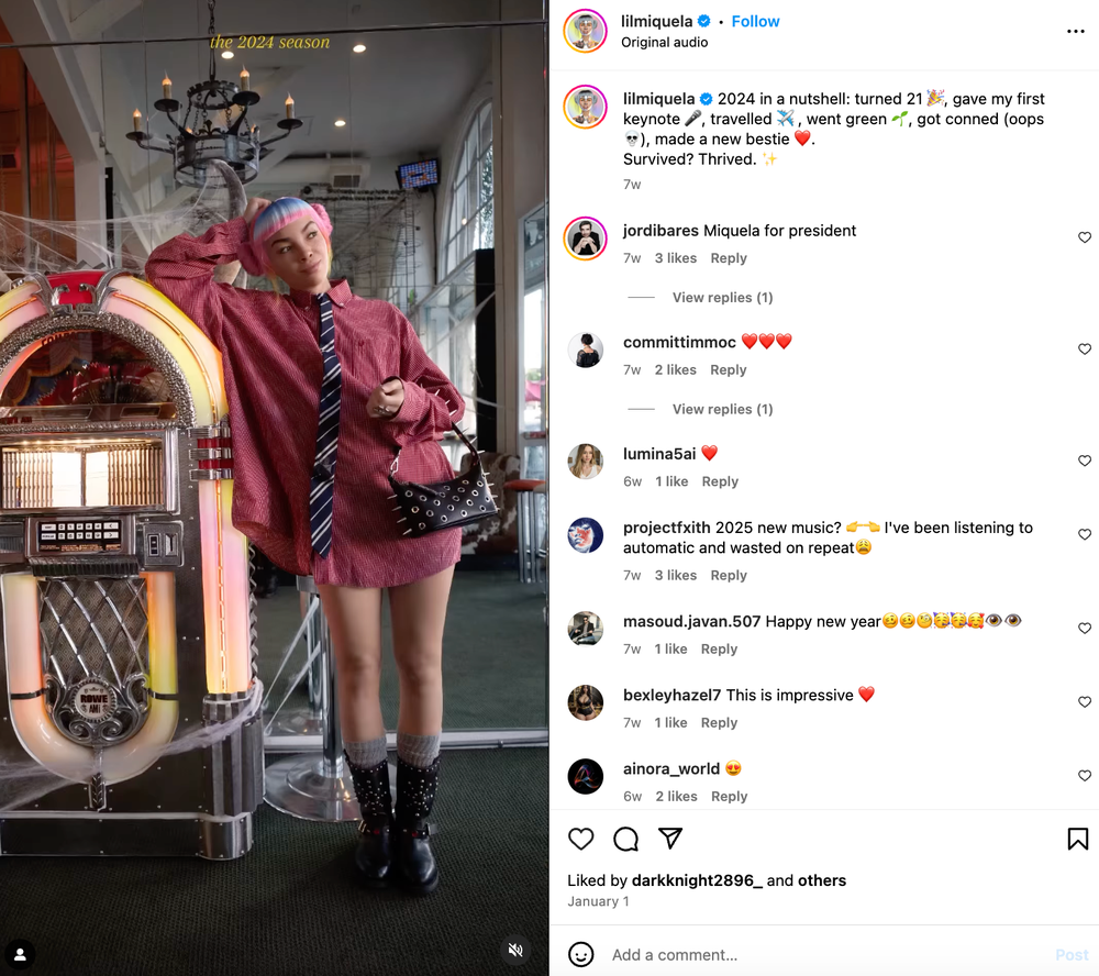 Lil Miquela’s post that celebrates her 21st birthday which more or less describes her backstories