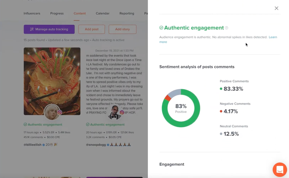 A snippet of HypeAuditor’s campaign performance tracker.