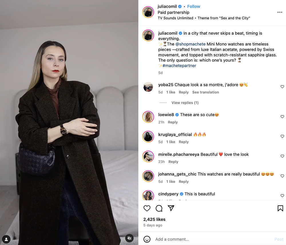 A paid partnership between an Instagram influencer and a watch brand