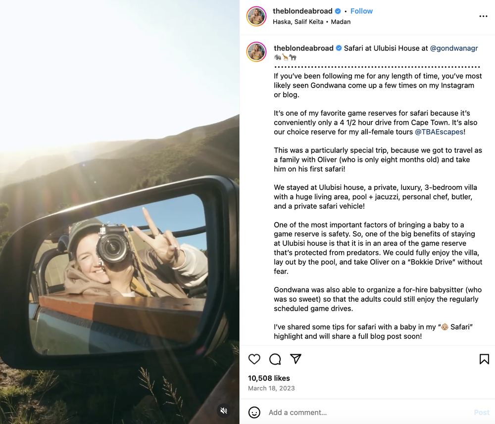 A post of outdoor influencer, @theblondeabroad, who goes on adventure travels.