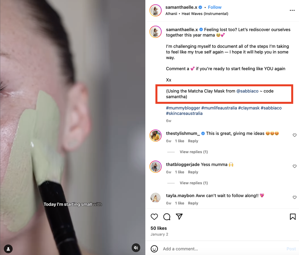 An example of affiliate influencer marketing that shows specific code for product purchase