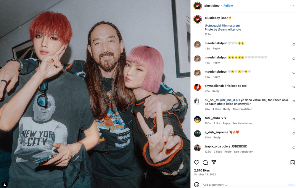 A picture of Steve Aoki with two virtual influencers, Imma and Plusticboy.