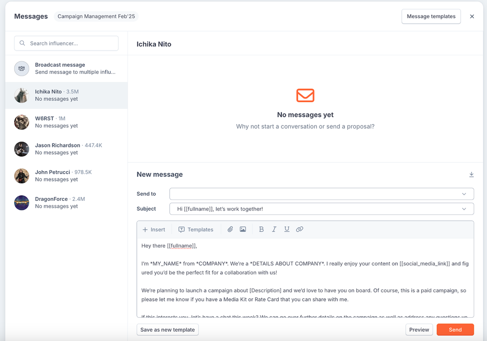 An example of HypeAuditor's influencer outreach interface, enabling marketers to blast email in a few seconds.