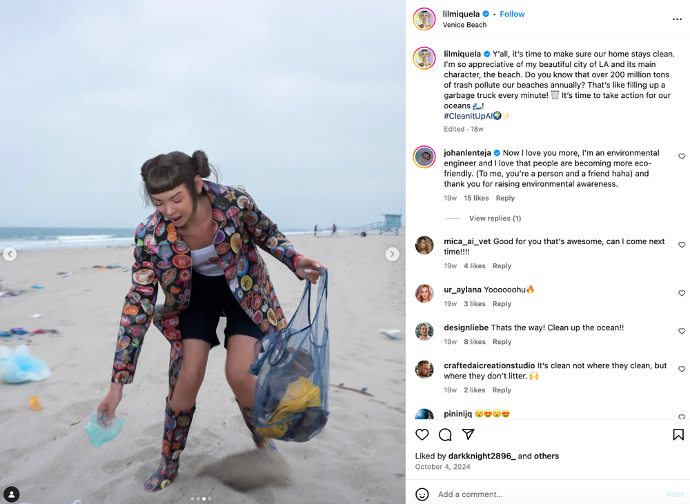 A picture of Lil Miquela participating in a beach-cleaning activity as a proof of her effort in supporting a good cause.