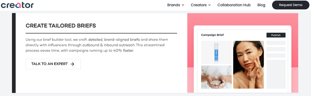 A screenshot of Creator.co's influencer outreach landing page, which provides useful tool for creating briefs.