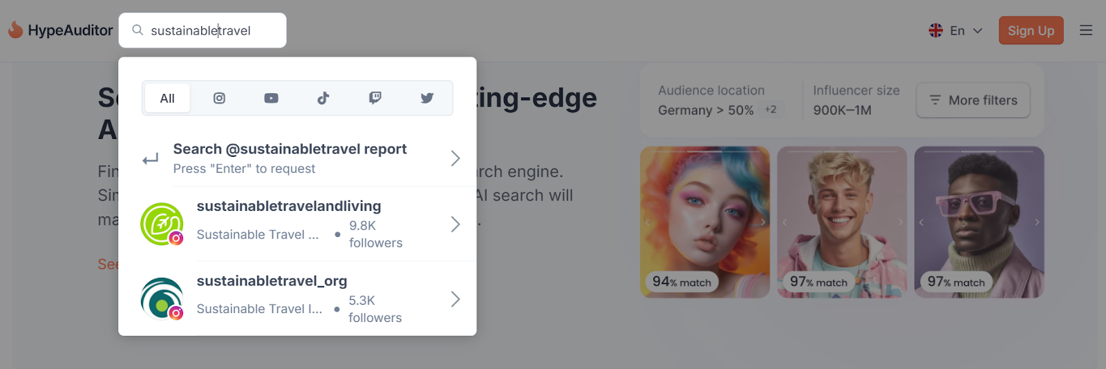 Example of using HypeAuditor to find travel influencers.