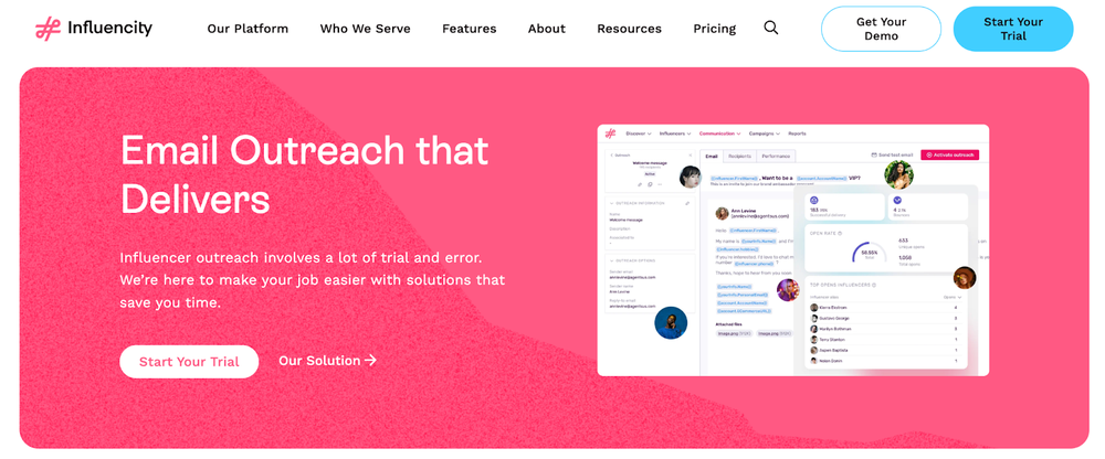 A landing page of Influencity, a popular tool used to do email outreach that delivers results.