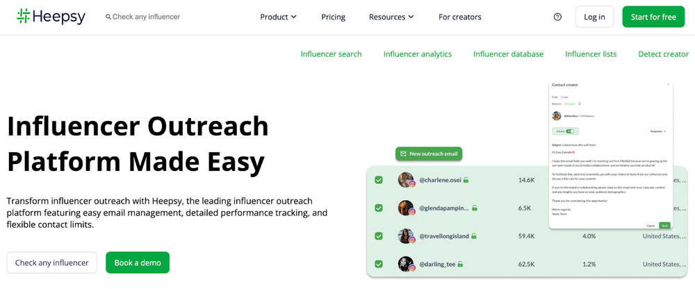 A screenshot of Heepsy's website showing its influencer outreach feature that eases brands to contact their influencers.