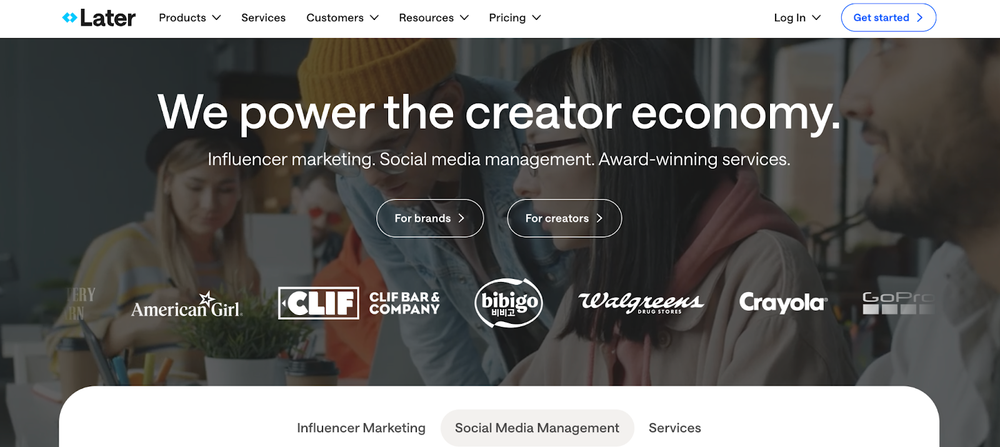 A landing page of Later, an influencer analytics platform that shows their purpose to power creator economy.