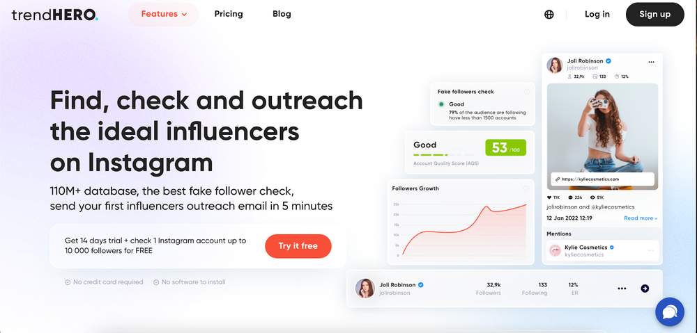 trendHERO’s website which shows its utilities to find, check, and outreach influencers on Instagram.