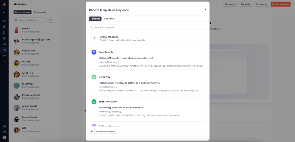 an example of HypeAuditor's email template and sequence, which enables brands to send emails using pre-existing template that can be customized.