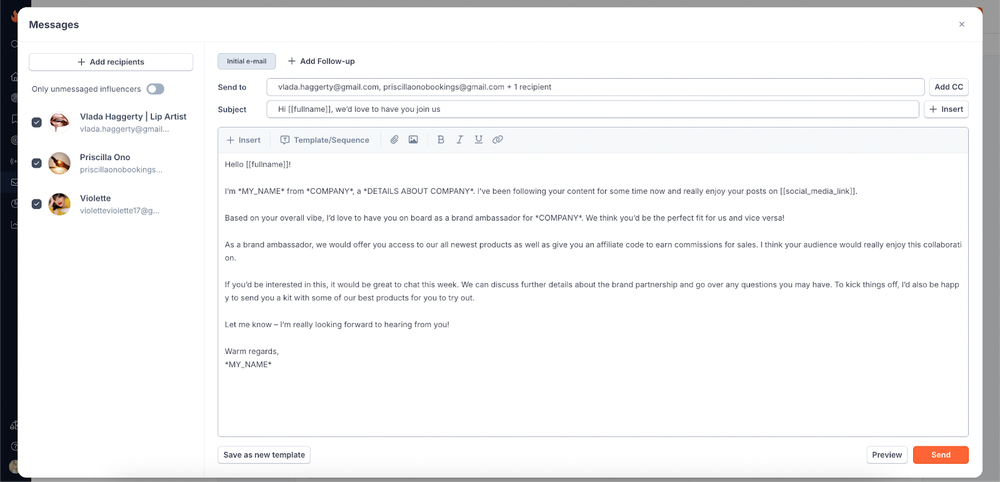 HypeAuditor’s Influencer Outreach feature enables bulk messaging with templates for easier outreach.