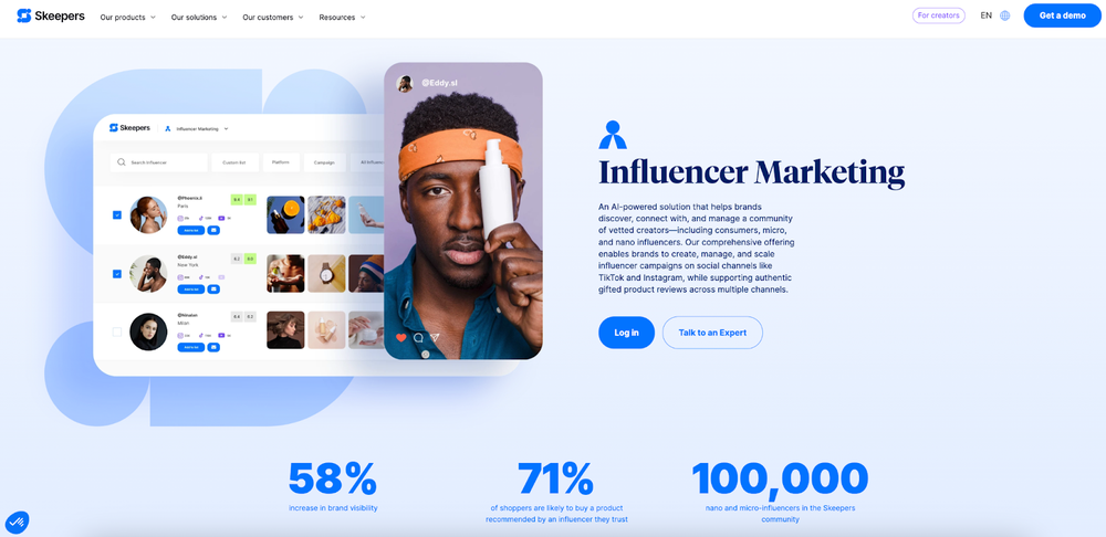 Skeeper's landing page about its all-in-one influencer marketing tools, one of them is outreach.