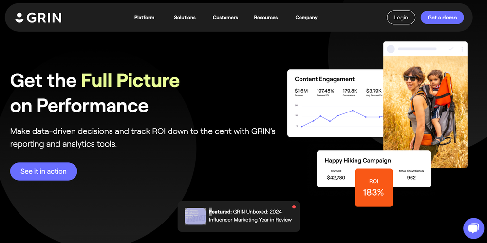 A screenshot of Grin’s influencer analytics landing page showing content engagement of a campaign.