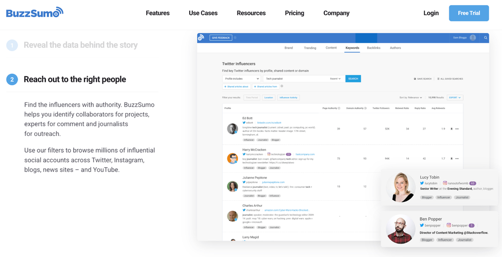 A landing page of BuzzSumo, tool that provides influencer outreach tool so brands can reach the right influencers.