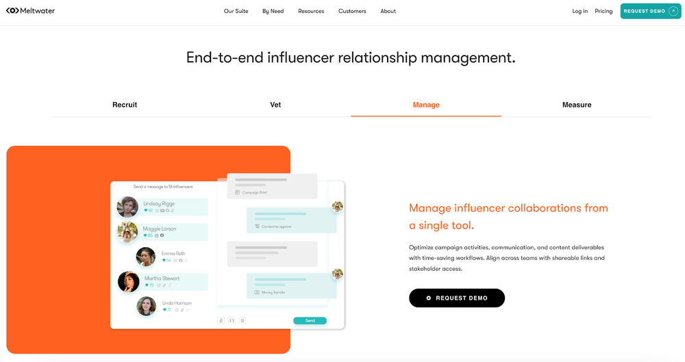 A website page of Meltwater, an end-to-end influencer relationship management tool.