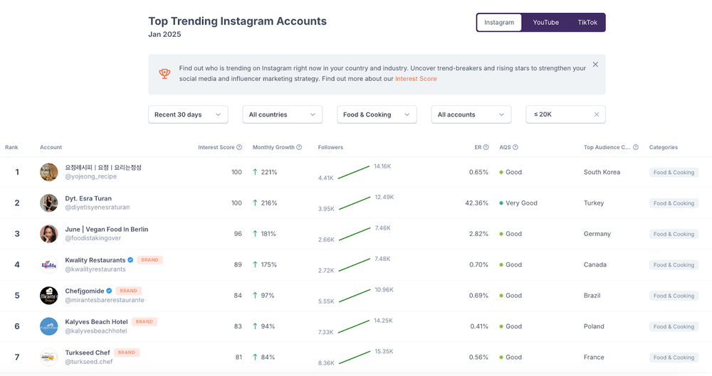 HypeAuditor’s Top & Trends feature in action, showing influencers with high growth.