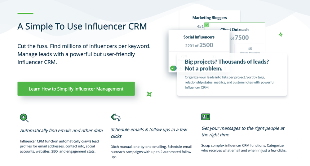 A screenshot from NinjaOutreach's website, a platform that simplifies outreach with its influencer CRM.