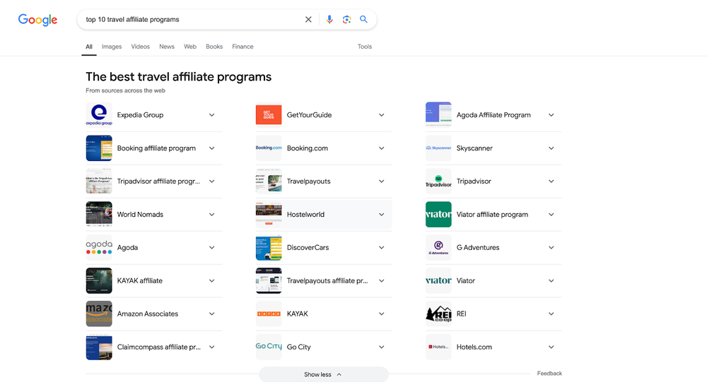 Screenshot of a Google search with the query “top 10 travel affiliate programs”