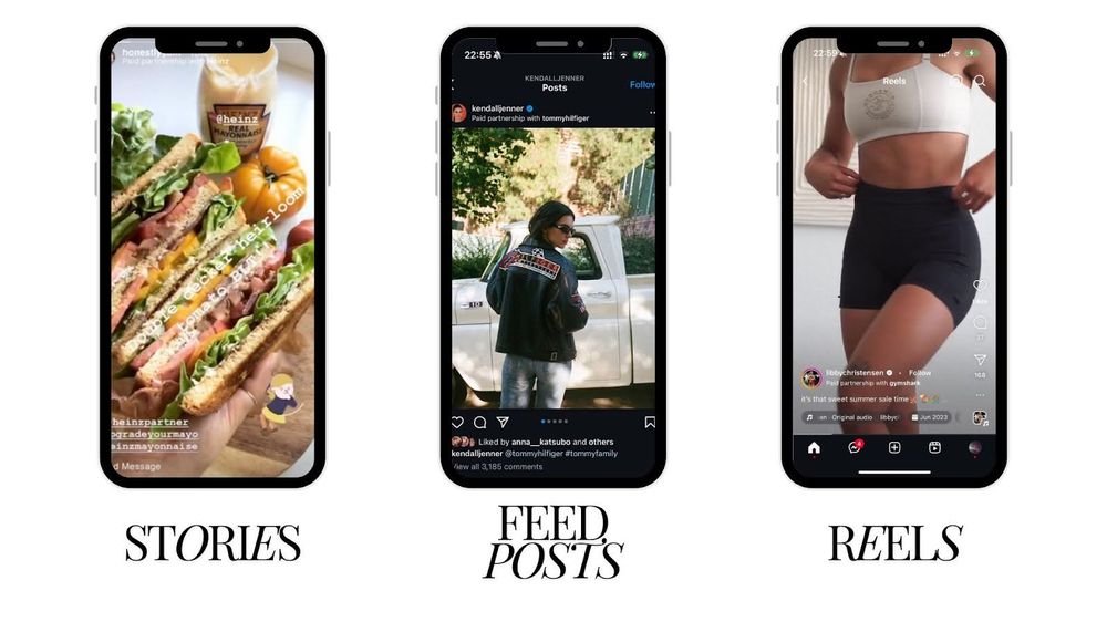 Examples of various content-format Instagram branded content ads.