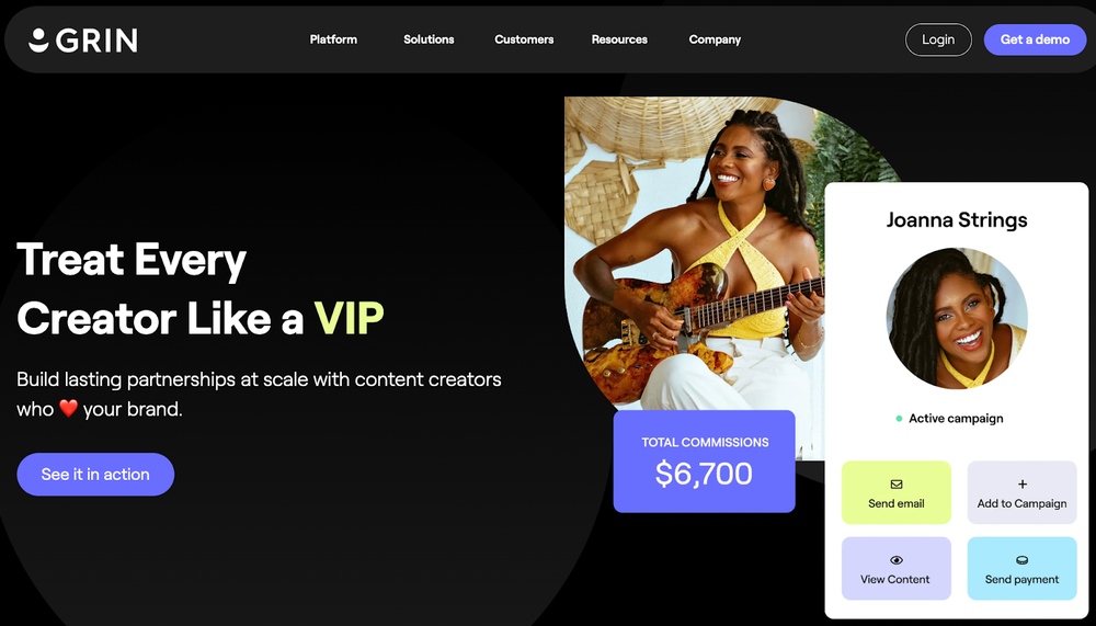 A screenshot of Grin's influencer outreach landing page, which explains its aim to treat every creator like VIP.