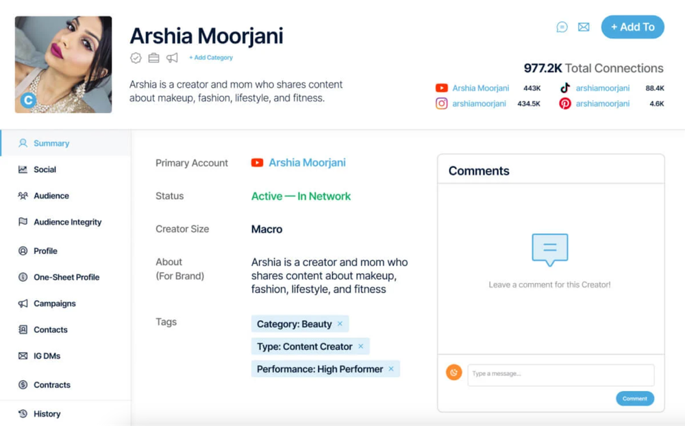 CreatorIQ’s influencer report, showing the About summary of an influencer.