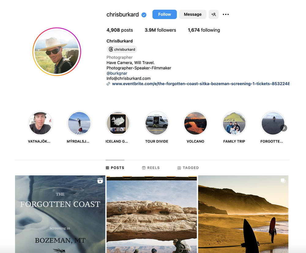 The Instagram profile of Chris Burkard, a famous lifestyle influencer