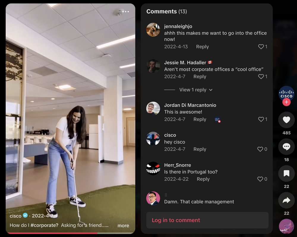 An example of employee-generated content uploaded on Cisco’s TikTok account.
