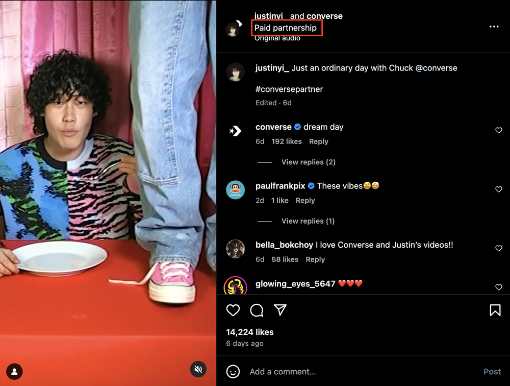 An example of paid partnership between Converse and an Instagram influencer