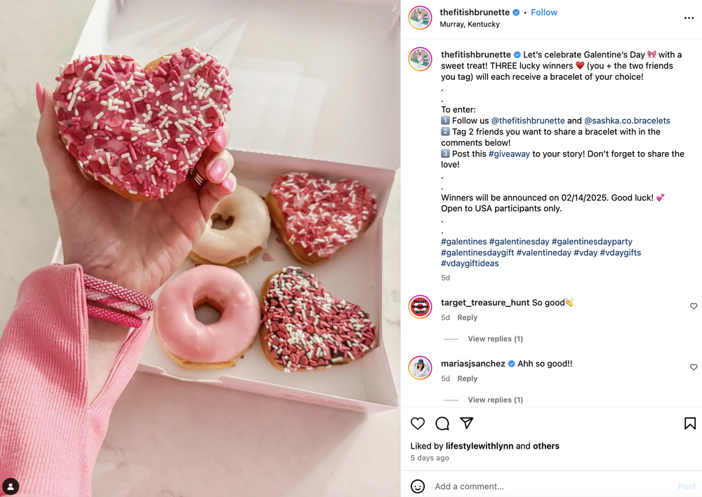 A Valentine's Day giveaway campaign by a bracelet brand, collaborating with an influencer