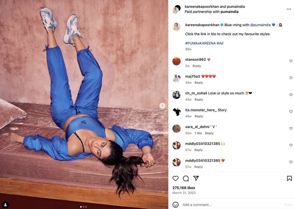 An example of celebrity endorsement, Karena Kapoor uploaded a picture wearing outfit from Puma India