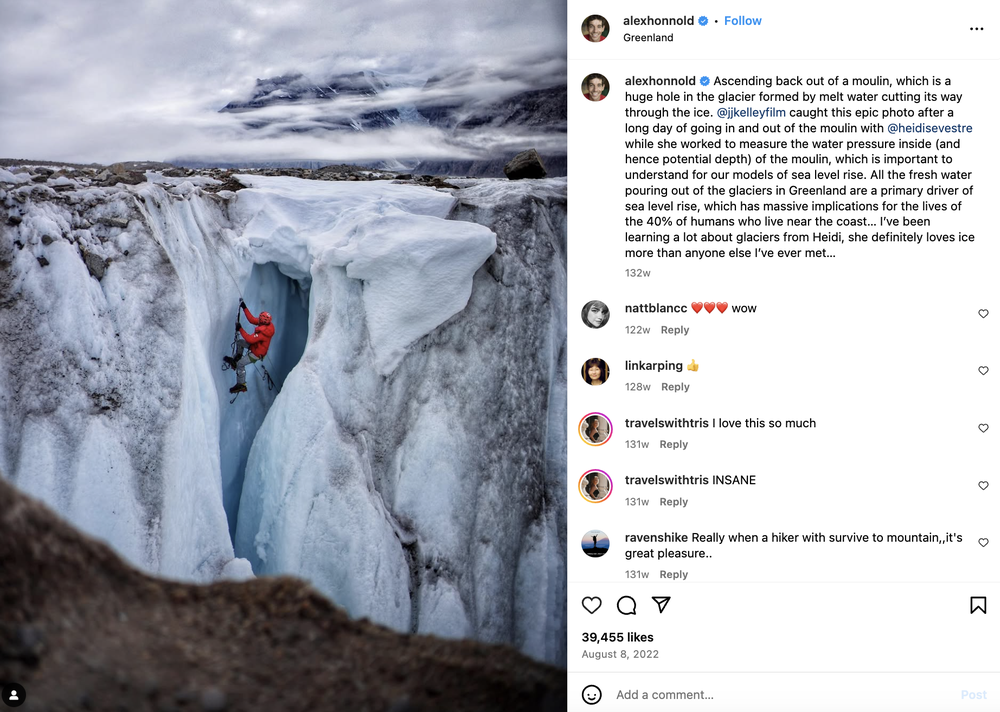 One of Alex Honnold's Instagram posts. He does free solo climbs.