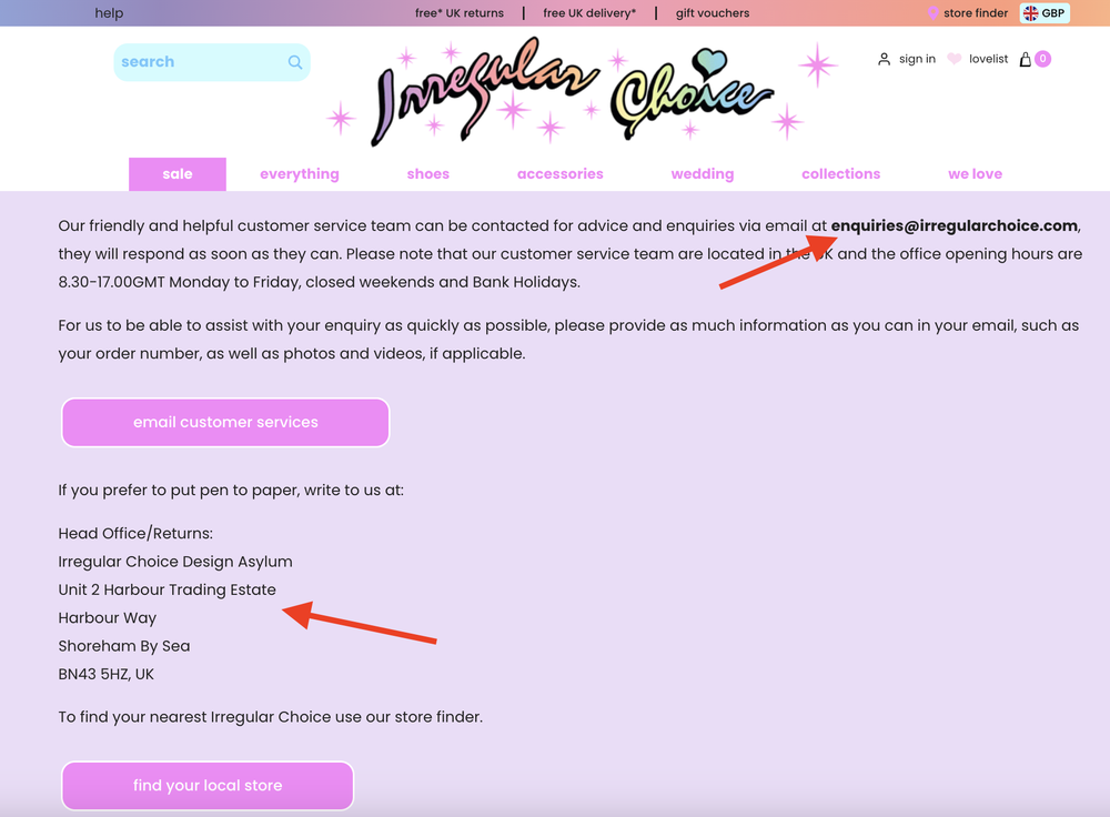 Example of brand contact stated on the website that influencers can use