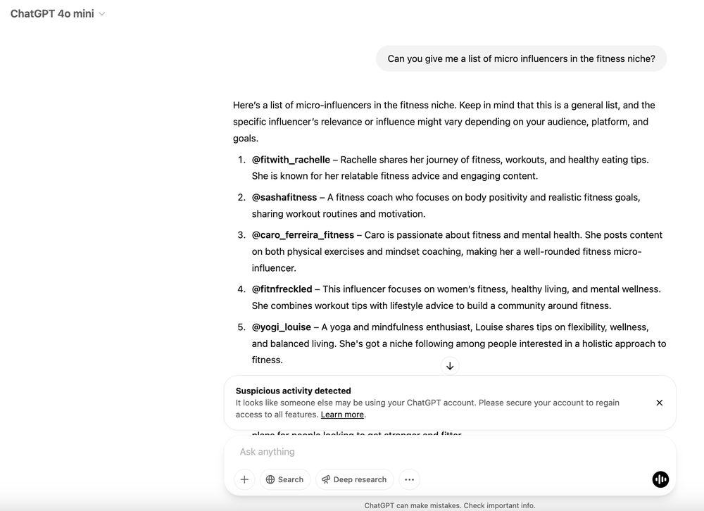 An example of asking ChatGPT to find influencers with certain niche