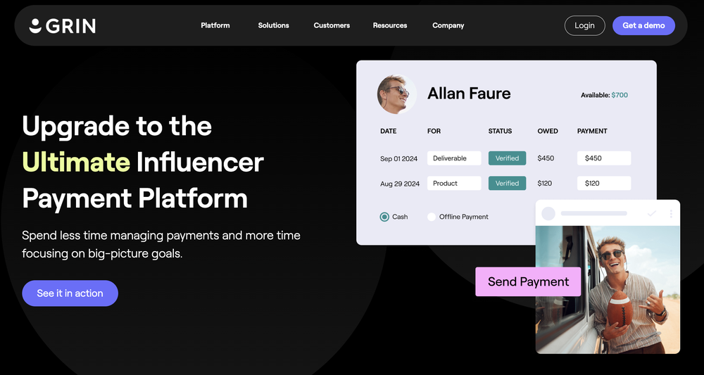 Grin’s landing page showing its influencer payment platform to make the payment process more efficient.