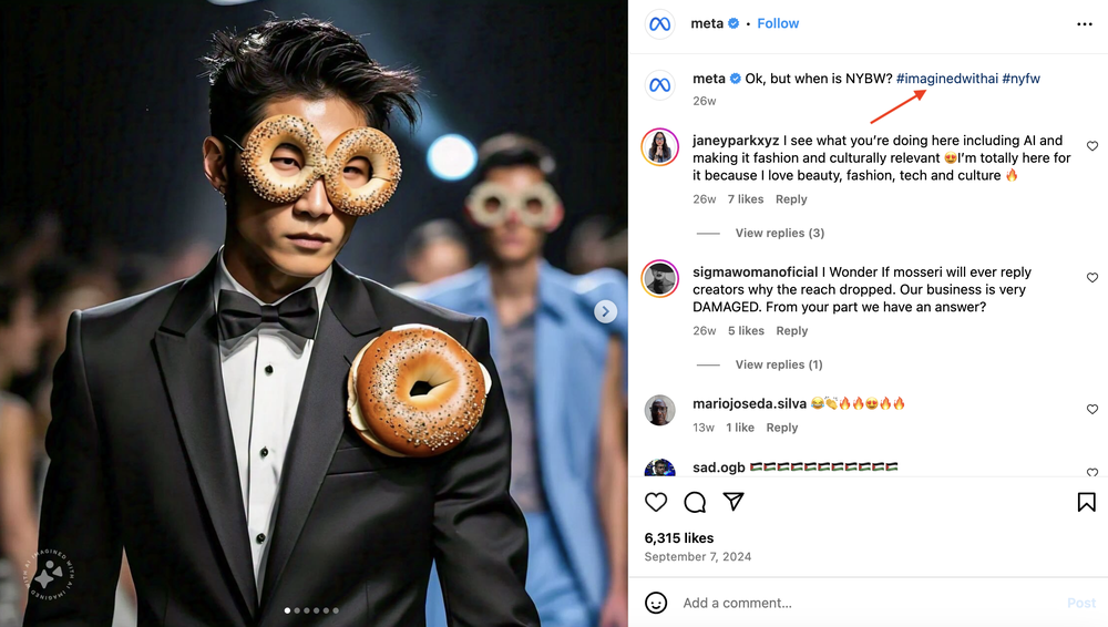 An example of AI disclosure of Meta’s Instagram post using #imaginedwithai.