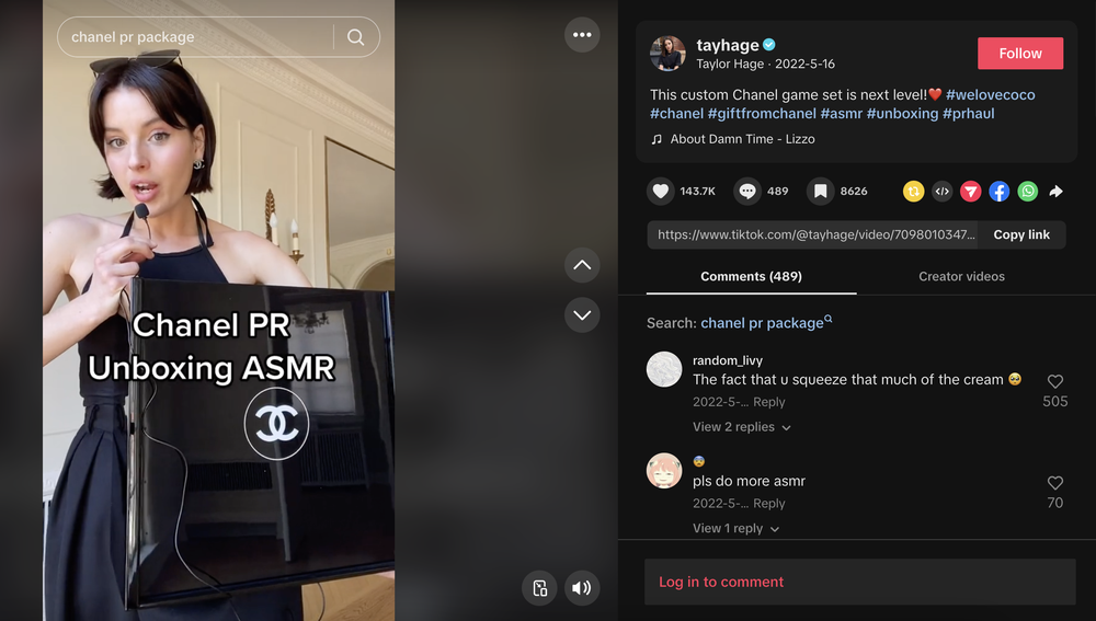 An example of influencer seeding, done by Chanel to a TikTok influencer named Taylor hage